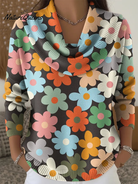 Women's Cute Colorful Little Flowers Print Cowl Neck Sweater