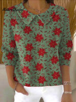 Women's Christmas Flowers Print Casual Peter Pan Collar 3/4 Sleeve Sweater
