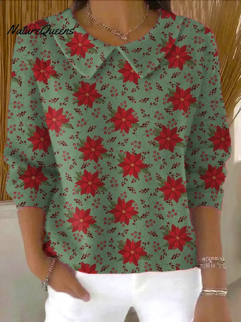 Women's Christmas Flowers Print Casual Peter Pan Collar 3/4 Sleeve Sweater