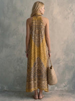 Bohemian Art-print Halter-neck Sleeveless Linen And Cotton Dress