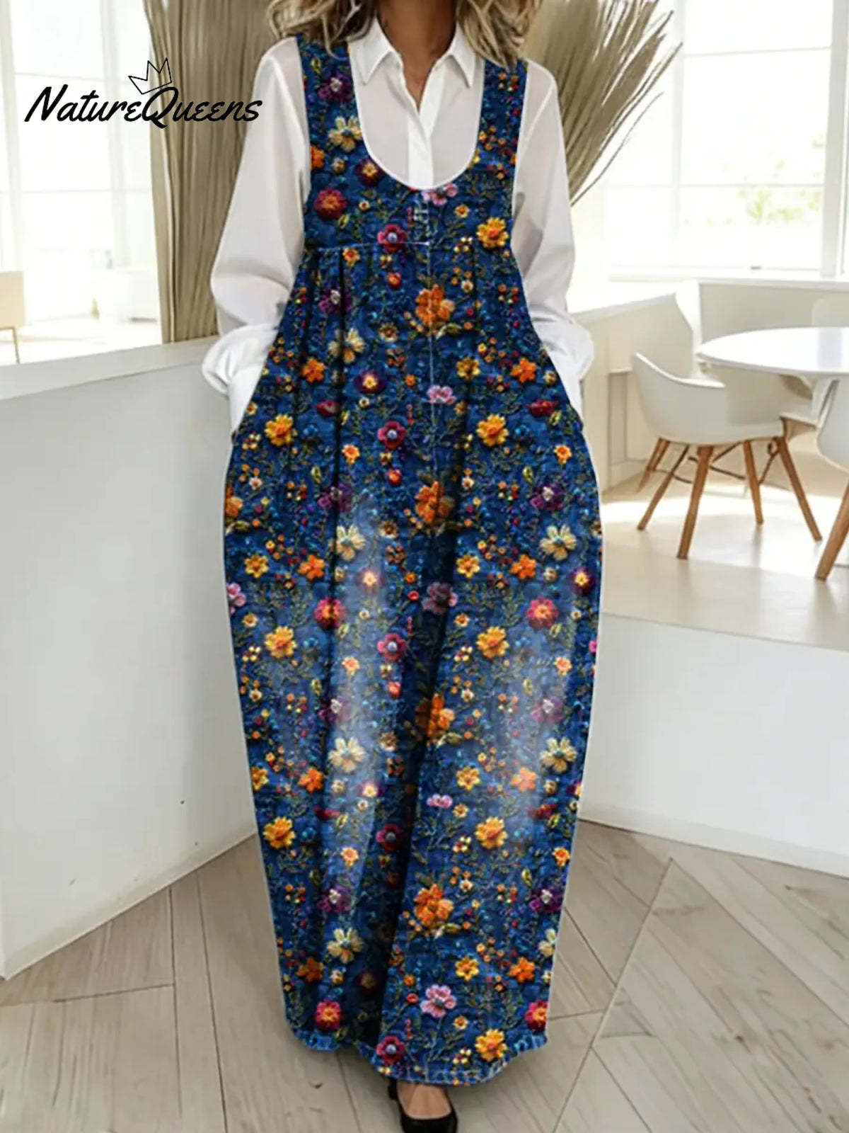Women's Vintage Flower Pattern Art Print Casual Cotton Denim Dress