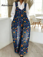 Women's Vintage Flower Pattern Art Print Casual Cotton Denim Dress