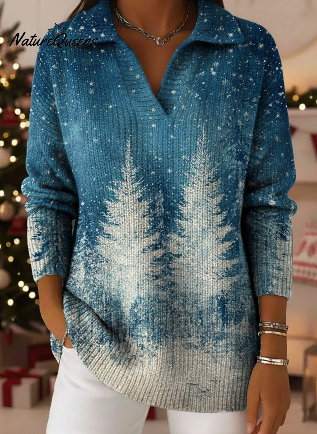 Retro Christmas Trees Snowflake Art Pattern Polo Collar Shiny Loose Sweater Top