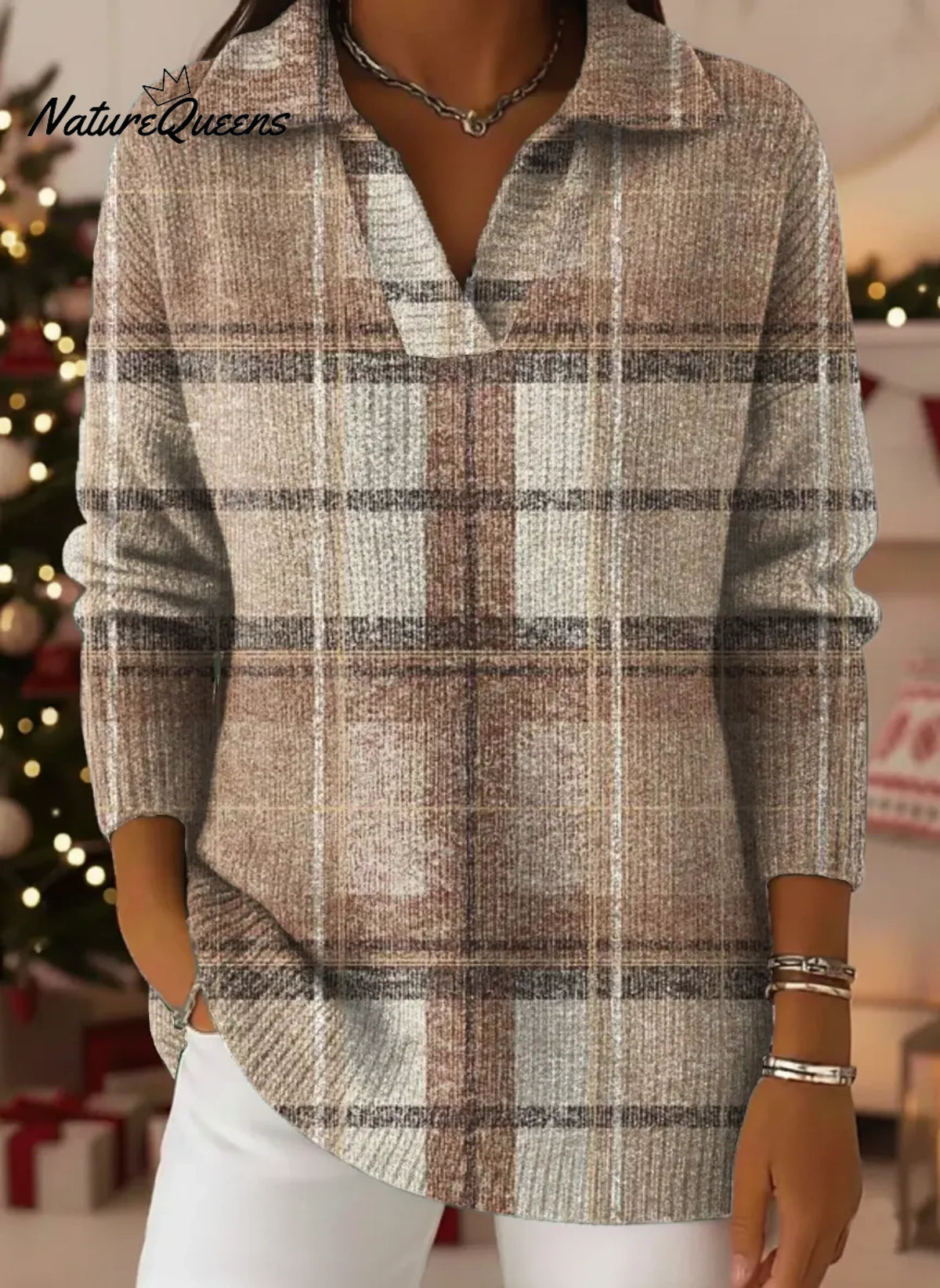 Women's VintagePlaidArt Print Casual Sweater