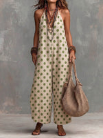 Women's Polka Dot Print V-neck Sleeveless Casual Loose-fit Cotton-linen Wide-leg Jumpsuit