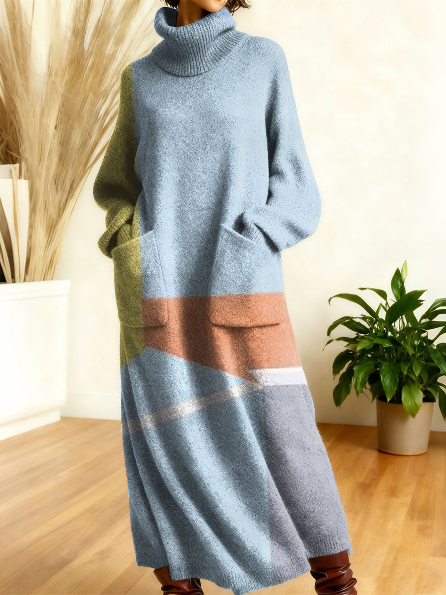 Women's Retro Abstract Geometric Colorful Splicing Patterns Art High-neck Long-sleeve Casual Loose Knit Dress