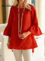 Women's Solid Color Round Neck Three-quarter Sleeve Casual Loose Cotton And Linen Top