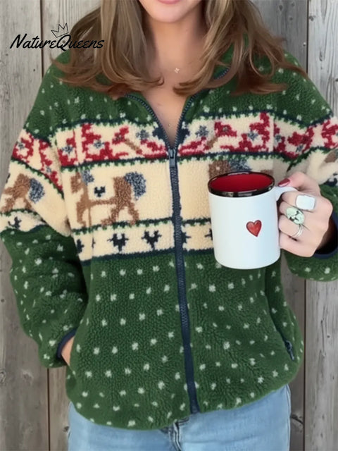 Cozy Lambswool Reindeer Print Zip-up Hooded Jacket