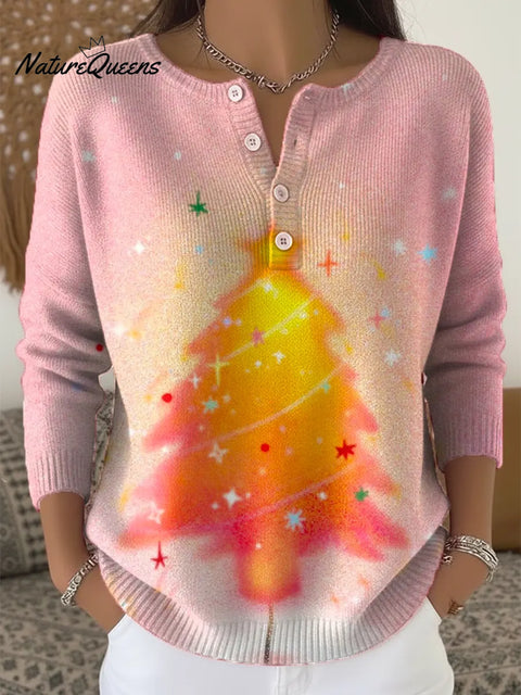 Women's Christmas Tree Pattern Art Print Casual Cardigan Sweater