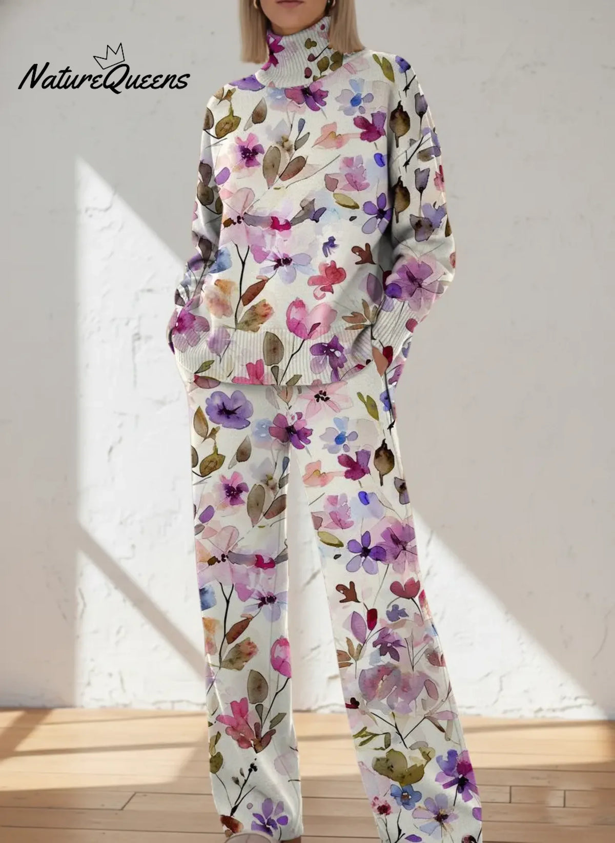 Women's Vintage Flower Art Print Casual Knitted Cotton Top Pants Suit