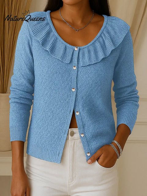 Women's Solid Color Round Neck Long Sleeve Ruffle Cardigan Sweater
