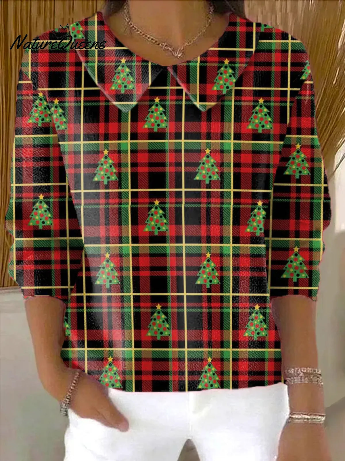 Women's Plaid Christmas TreePrint Casual Peter Pan Collar 3/4 Sleeve Sweater