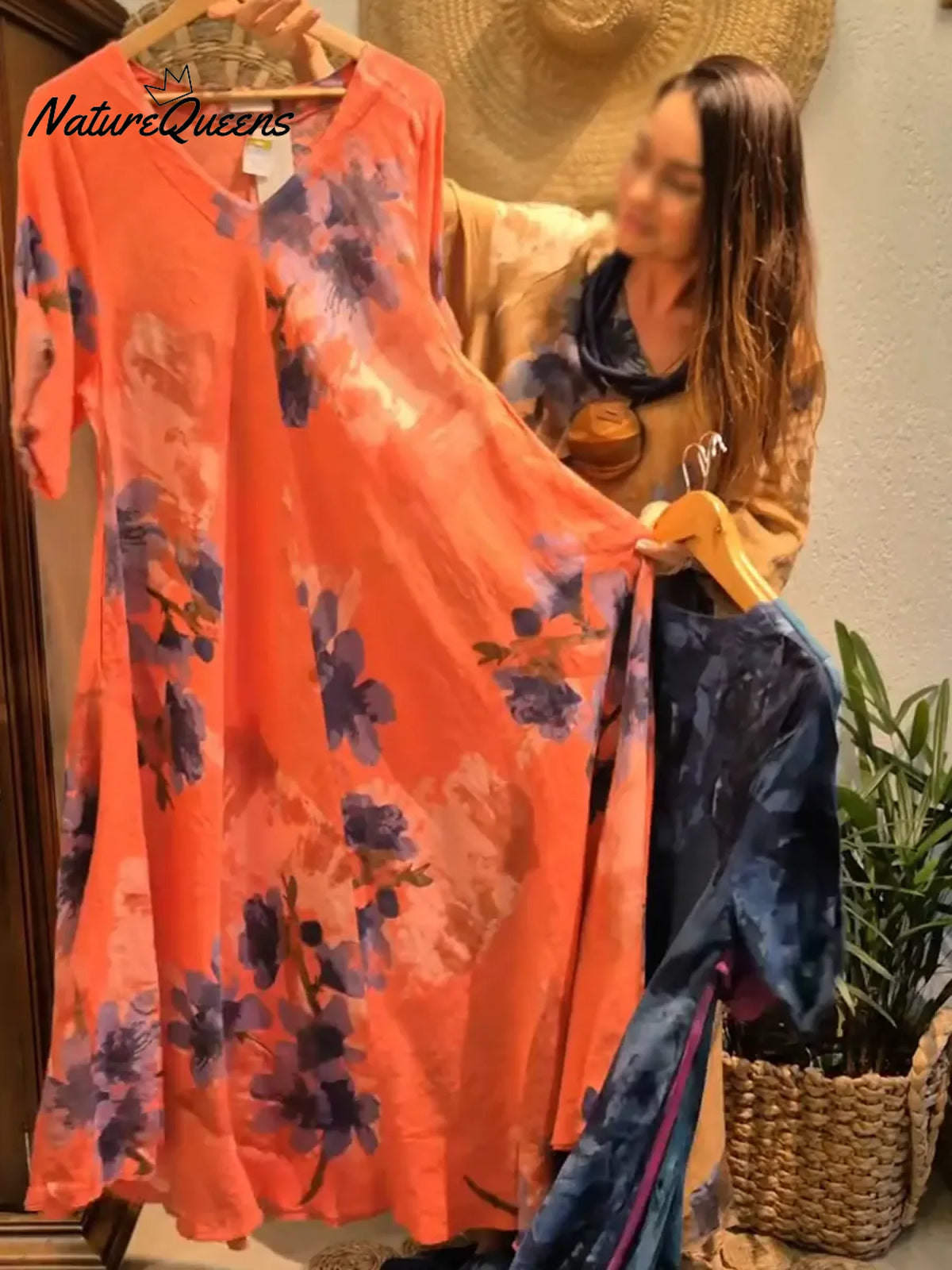 Women's Vintage Abstract Print V-neck Long-sleeved Casual Loose Cotton Dress