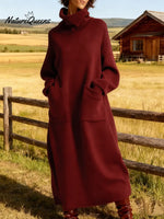 Women's Solid Color High-neck Long-sleeved Casual Loose A-line Velvet Dress