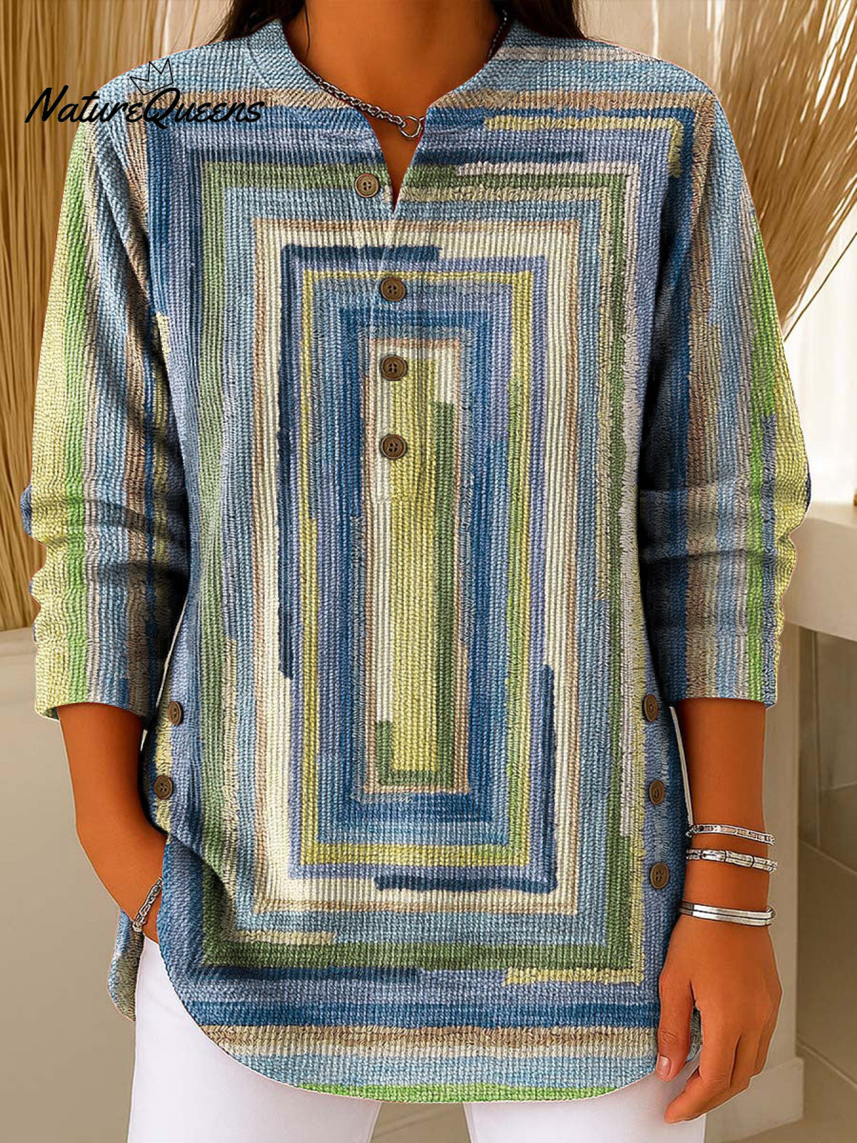 Geometric Abstract Gradient Pattern Art Polo Collar Shiny Loose Sweater Top