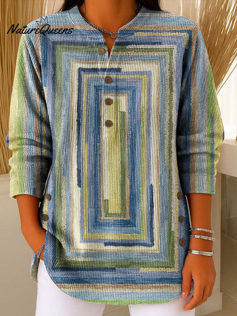 Geometric Abstract Gradient Pattern Art Polo Collar Shiny Loose Sweater Top