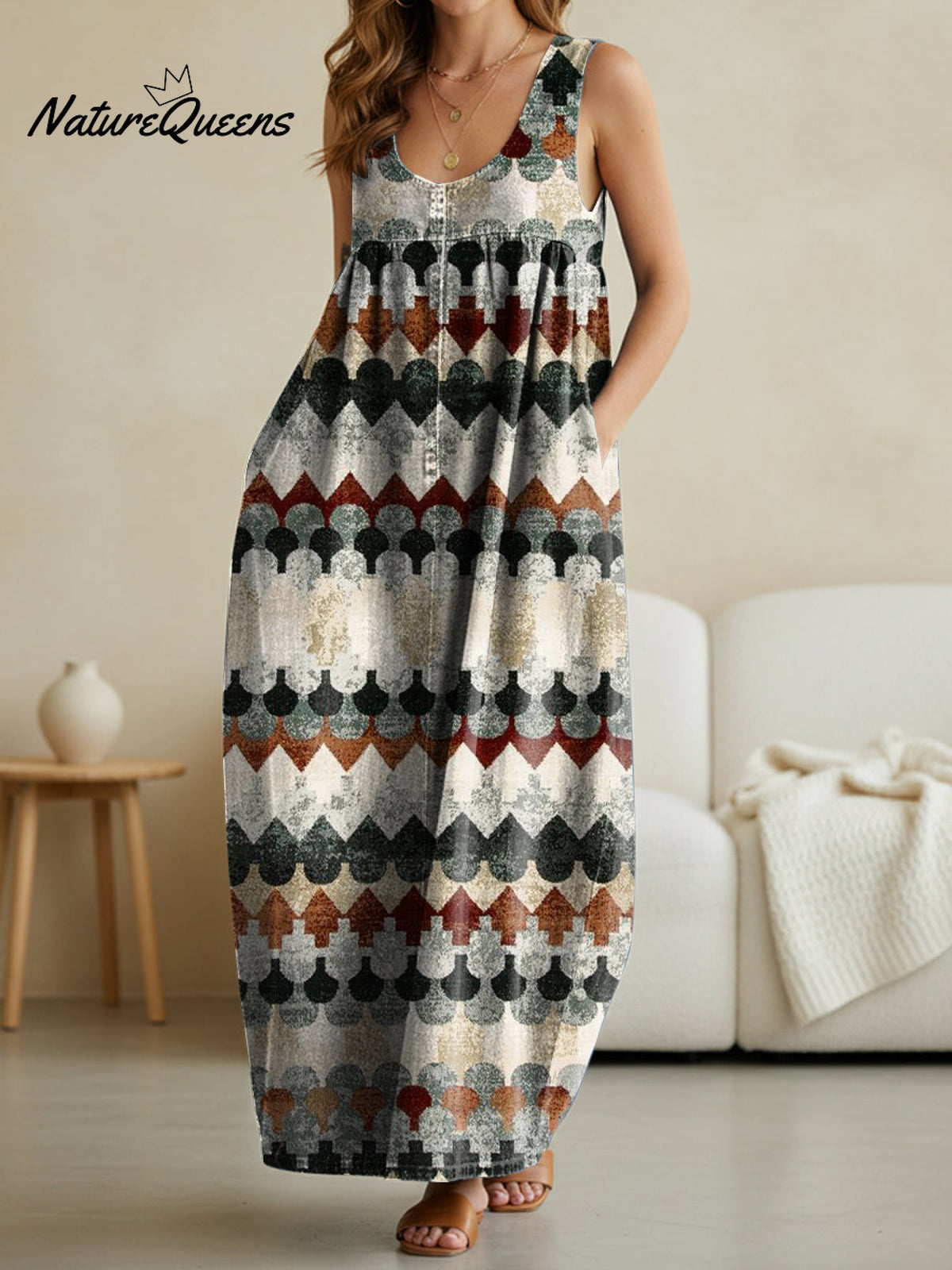 Women's Artistic Geometric Patterns Casual Loose Denim Vest Dress