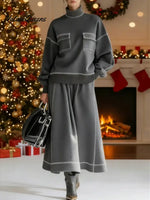 Women's Solid Color High-neck Long-sleeve Casual Pocket Loose Top And High-waisted A-line Skirt Set