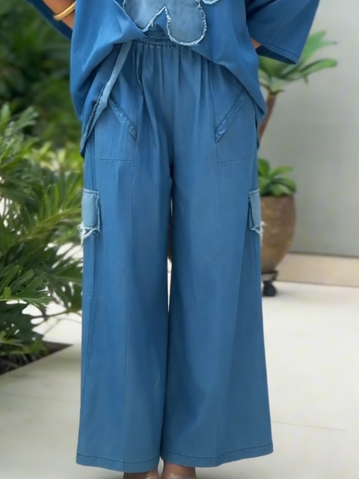 Casual Pocketed Denim Wide-leg Pants