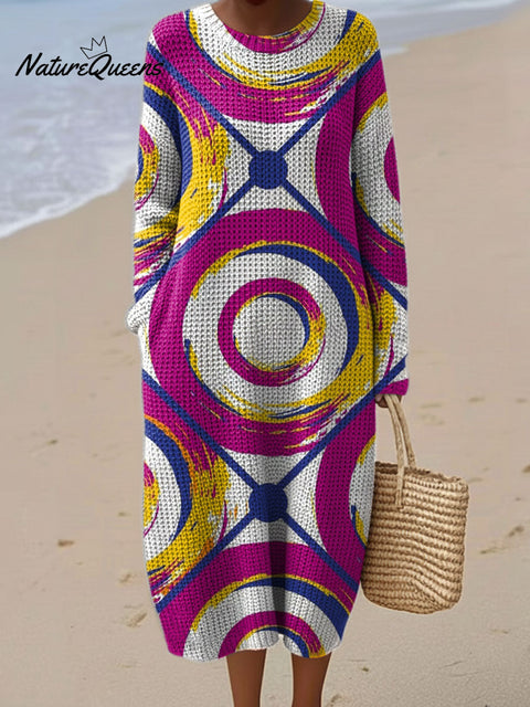 Women's Color Block Abstract Pattern Casual Round Collar Long Sleeve Dress