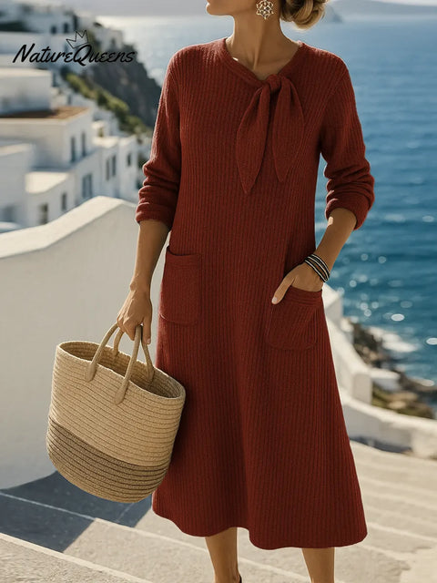 Women's Solid Color Round Neck Tie Long Sleeve A-line Knit Dress