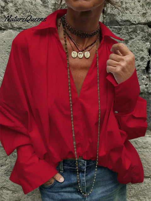 Women's Casual V-neck Long-sleeved Cotton Shirt