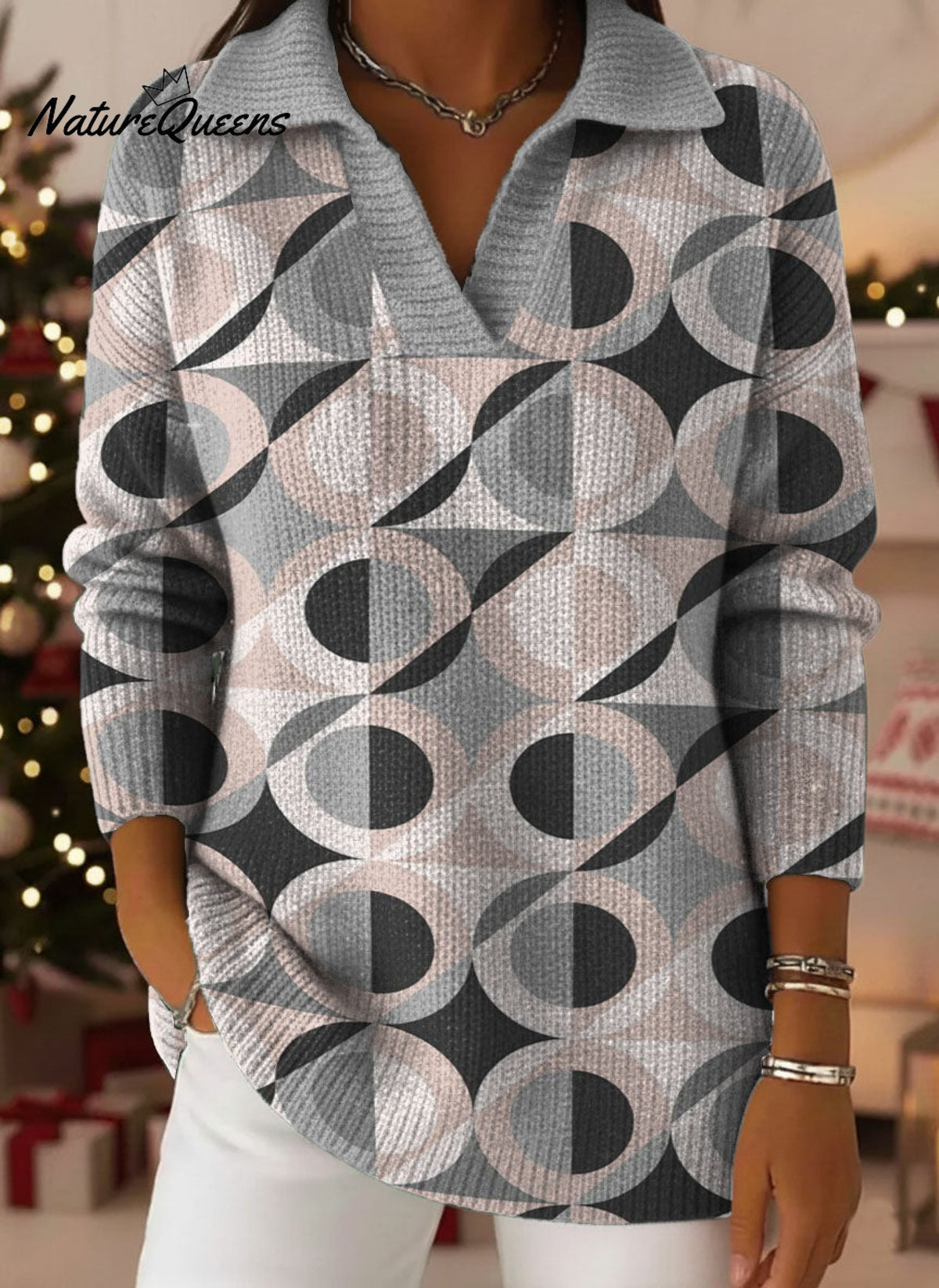 Simple Geometric Circular Decorative Pattern Women's Casual Shirt Collar Long Sleeve Sweater