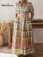 Colorful Square Art Print Collared Shirt Dress