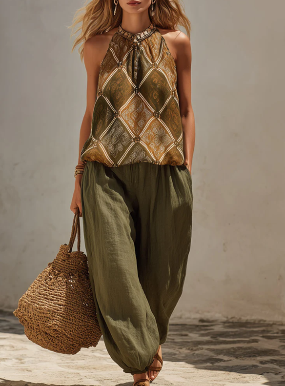 Bohemian Print Halter Top & Cotton-linen Balloon Pants Set