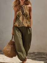 Bohemian Print Halter Top & Cotton-linen Balloon Pants Set