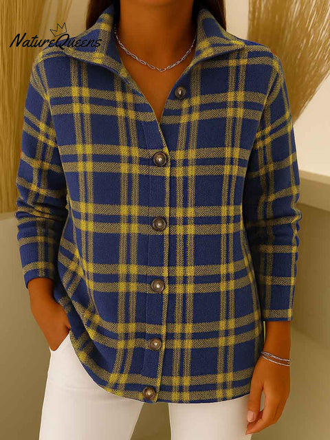 Women's Plaid Print Stand Collar Casual Loose Knit Cardigan