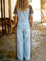 Women's Short-sleeve Wide-leg Denim Jumpsuit With Shirt Collar And Leopard Print Paneling