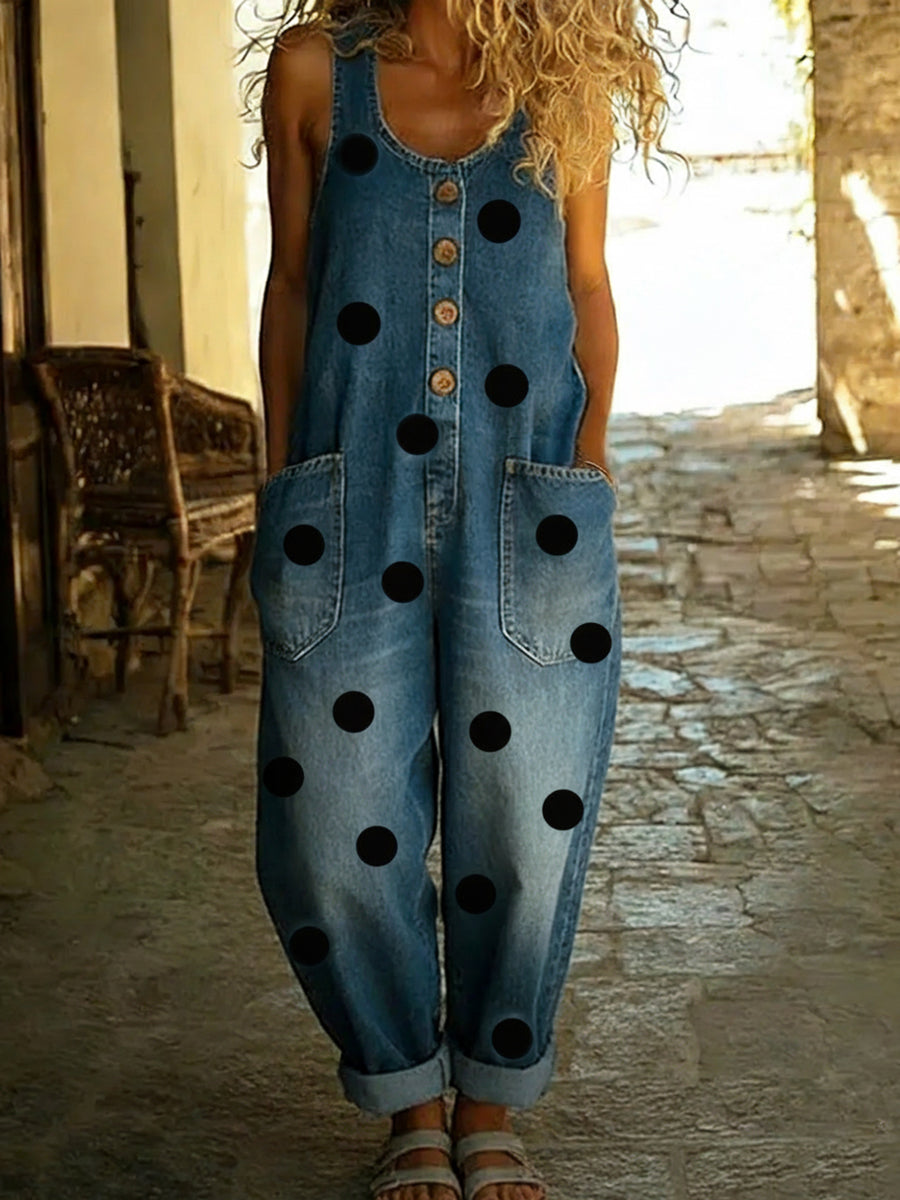 Artistic Polka Dot Print Button-up Denim Jumpsuit