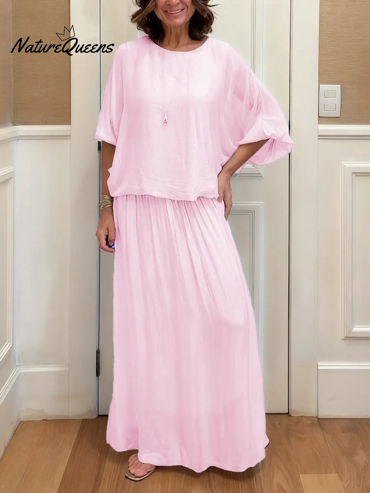 Women's Solid Color Round Neck 4/3sleeve Casual Loose Cotton Linen Top And High-waisted Casual Loose A-line Skirt Set