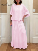 Women's Solid Color Round Neck 4/3sleeve Casual Loose Cotton Linen Top And High-waisted Casual Loose A-line Skirt Set