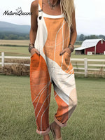Women's Vintage Geometric Lines Art Print Casual 100% Cotton Wide Leg Jumpsuit