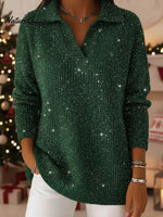Christmas Party Polo Collar Shiny Loose Sweater Top