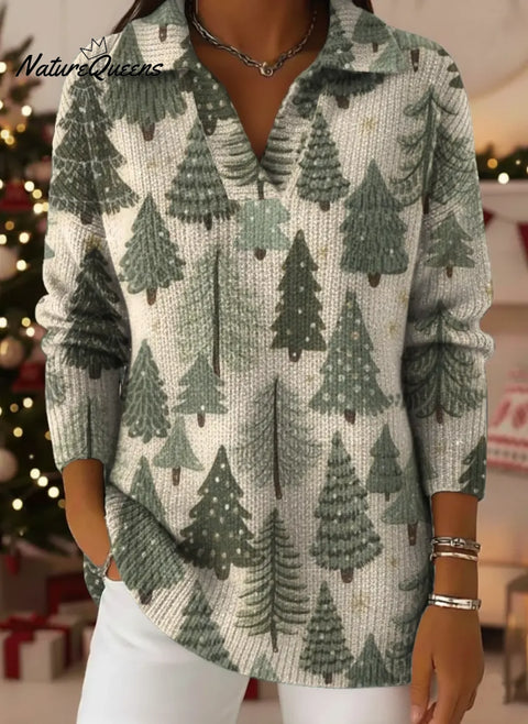 Cute Green Christmas Tree Print Lapel Casual Knit Sweater