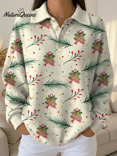 Women's Christmas Pattern Art Print Casual Cotton Waffle Sweatshirt