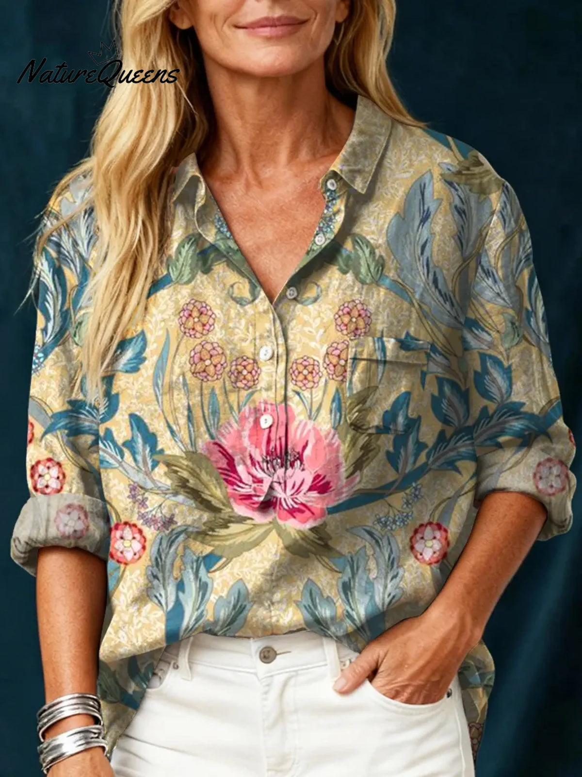 Women's Vintage FlowerArt Print Casual Cotton And Linen Shirt