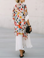 Women's Casual Loose Cotton-linen Dress With Colorful Polka Dot Print Cowl Neck And 3/4 Sleeves