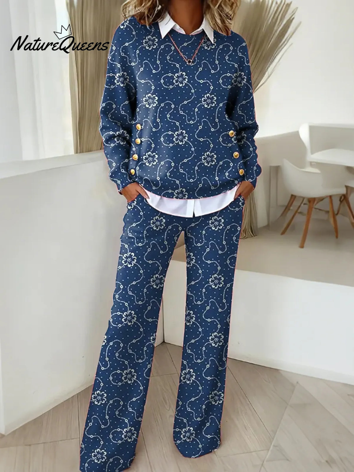 Women's Floral Pattern Art Print Casual Cotton Knitted Suits