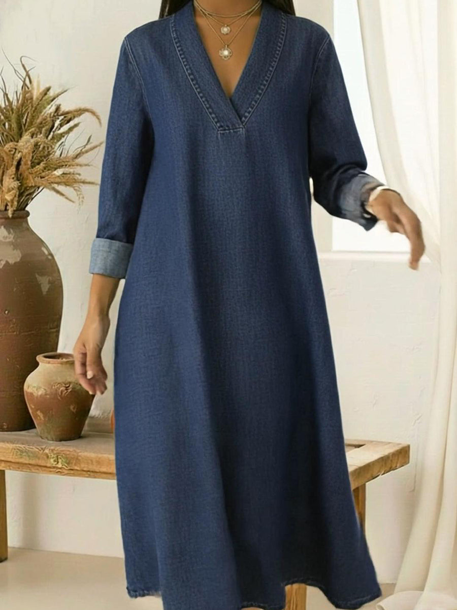 Elegant V-neck Denim Cotton Dress