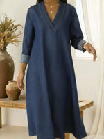 Elegant V-neck Denim Cotton Dress