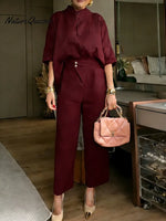 Women's Solid Color Stand-collar Three-quarter Sleeve Casual Loose Cotton And Linen Cardigan And High-waisted Wide-leg Pants Set