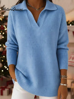 Casual Loose-fitting Polo Neck V-neck Knitted Pullover