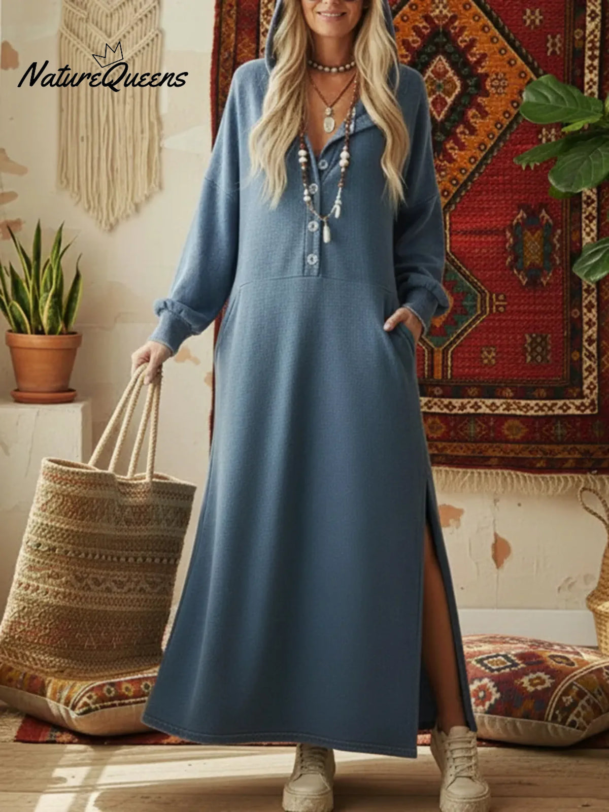 Casual Cozy Loose Hooded Button-up Cotton Dress