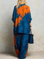 Women's Cotton-linen Set: Abstract Print V-neck 3/4-sleeve Loose-fit Top & High-waisted Wide-leg Pants
