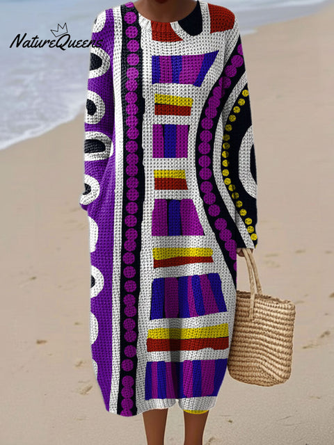 Women's Color Block Abstract Pattern Casual Round Collar Long Sleeve Dress