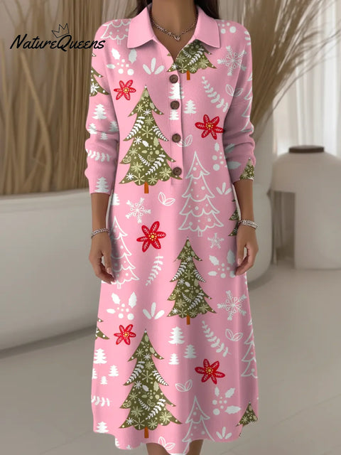 Women's Christmas Tree Pattern Art Print Casual Knitted Dress